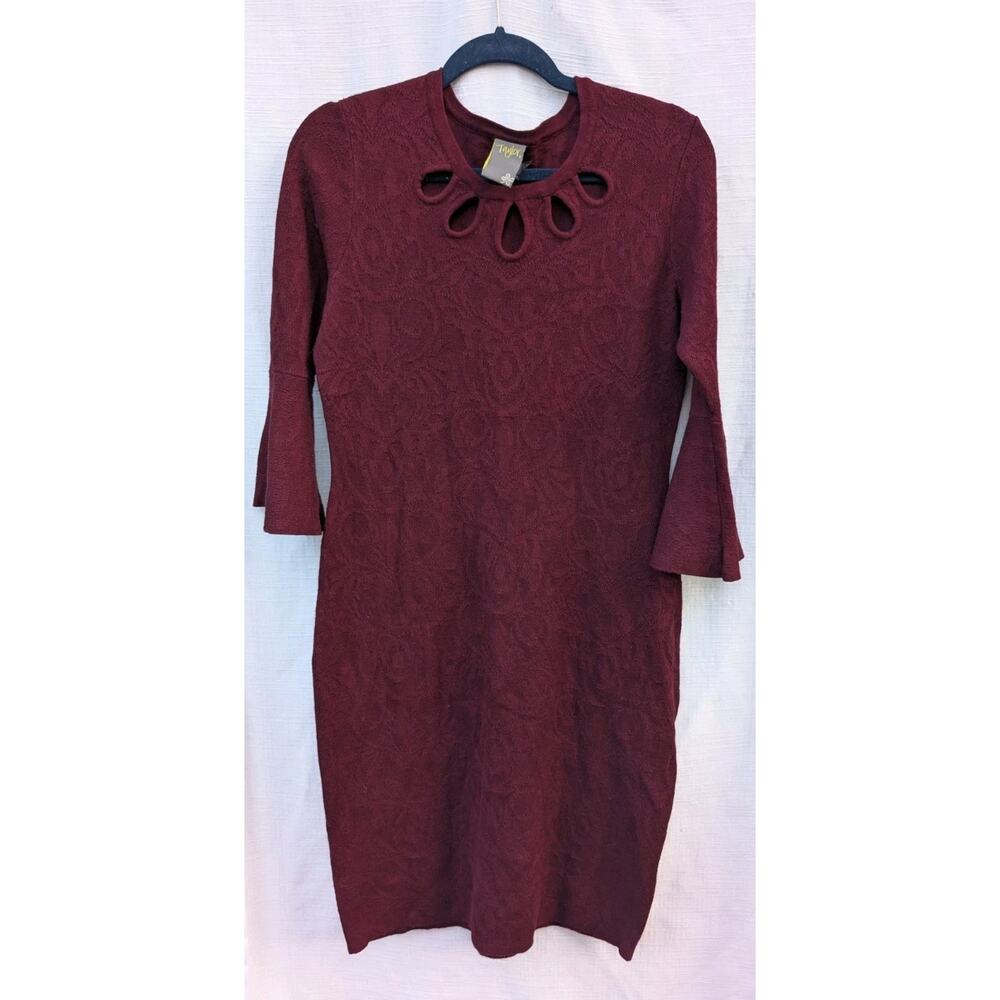 Taylor Womens Bergundy Floral Jacquard Dress Sz L Cut‎ Outs Flared Sleeve
